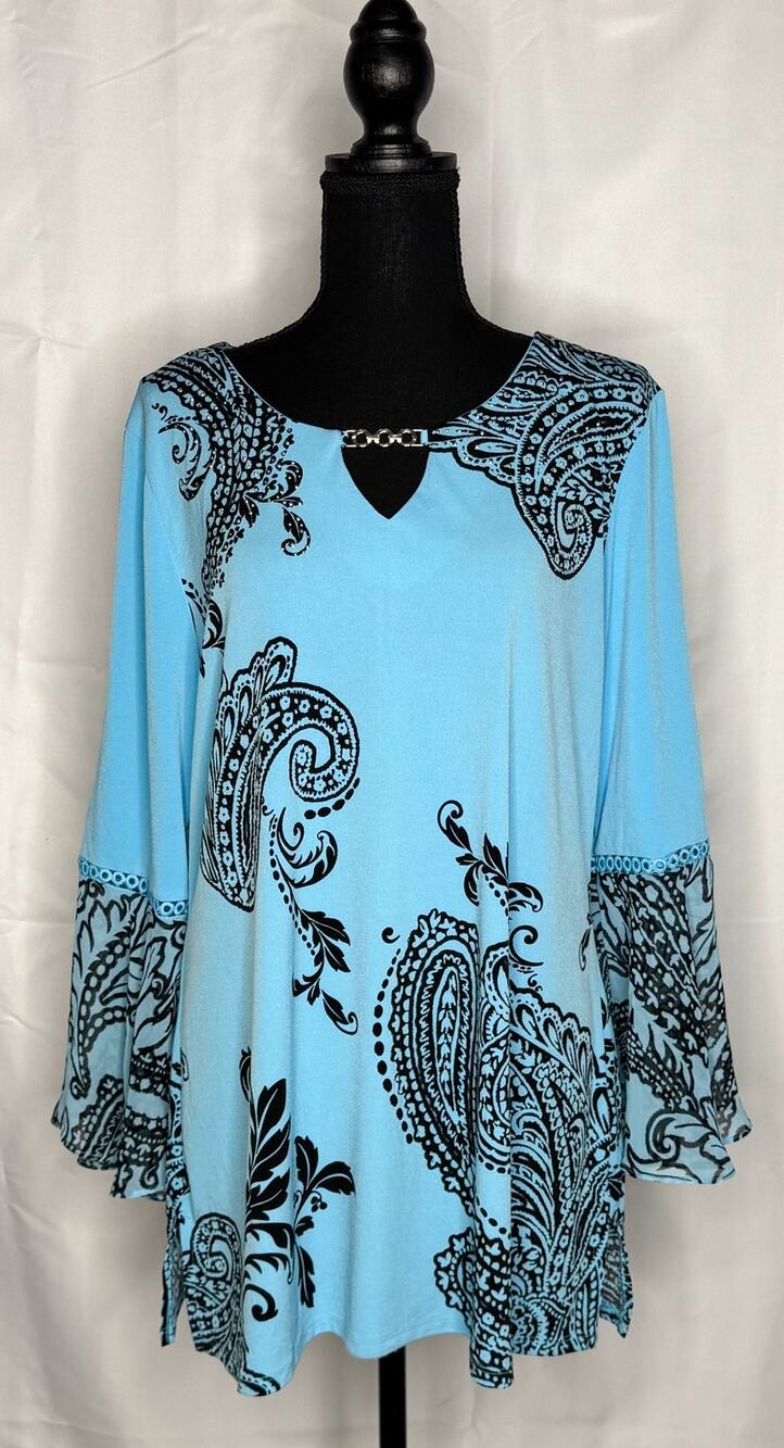 Womens JM Collection Rhinestone Turq/Blk Top Sz XL Vacation Resort Travel Chic